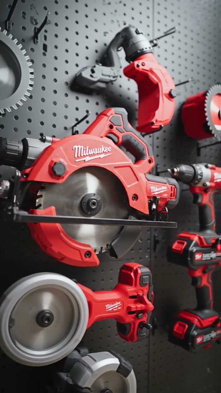 Milwaukee power tools on a pegboard wall