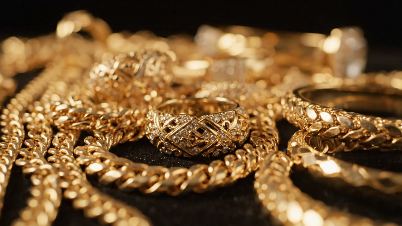 Close-up of gold chains, rings and jewelry on black velvet