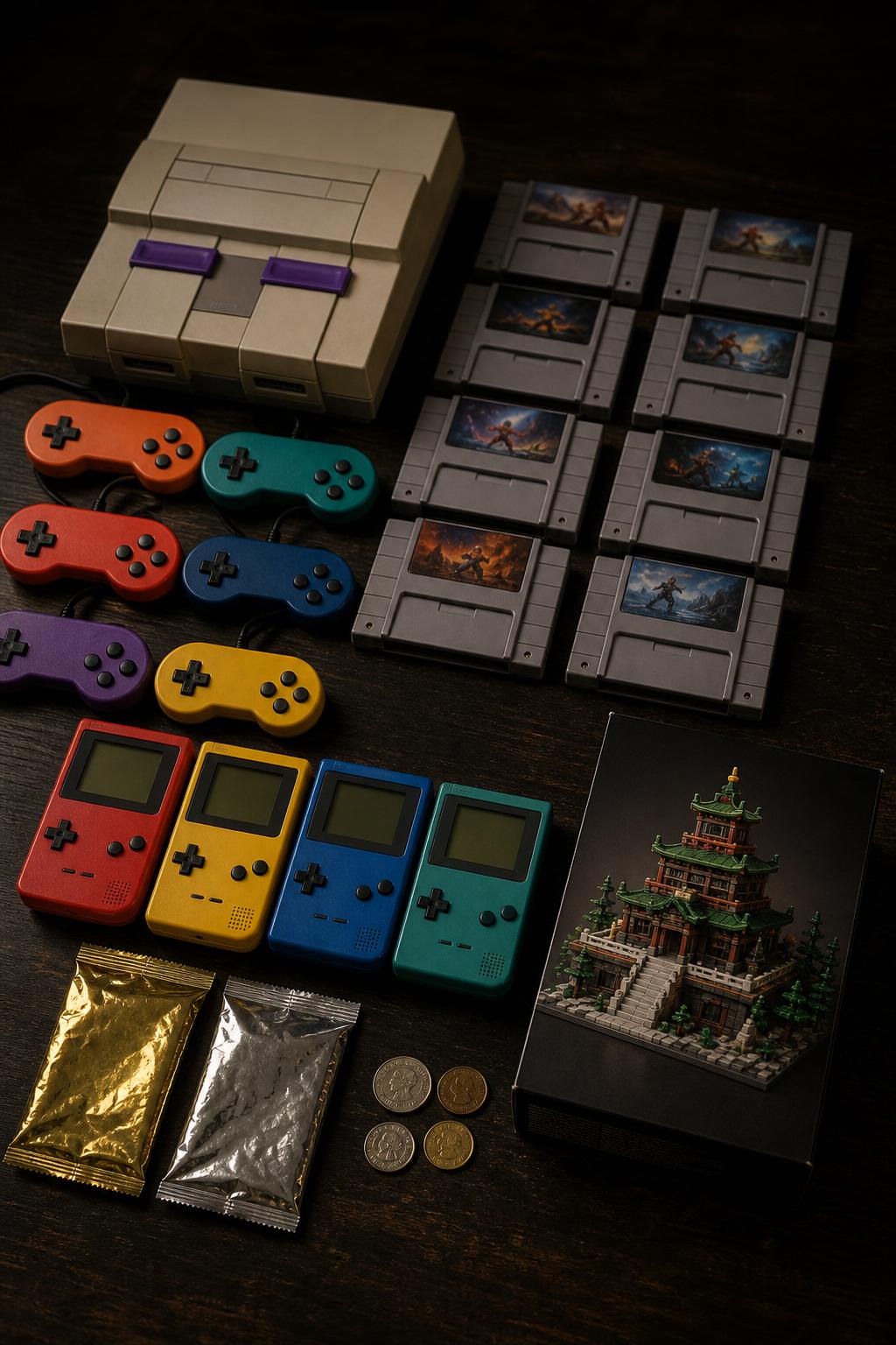 Flat-lay of collectibles — building blocks, sealed foil trading-card packs, vintage book and gold and silver coins on dark wood