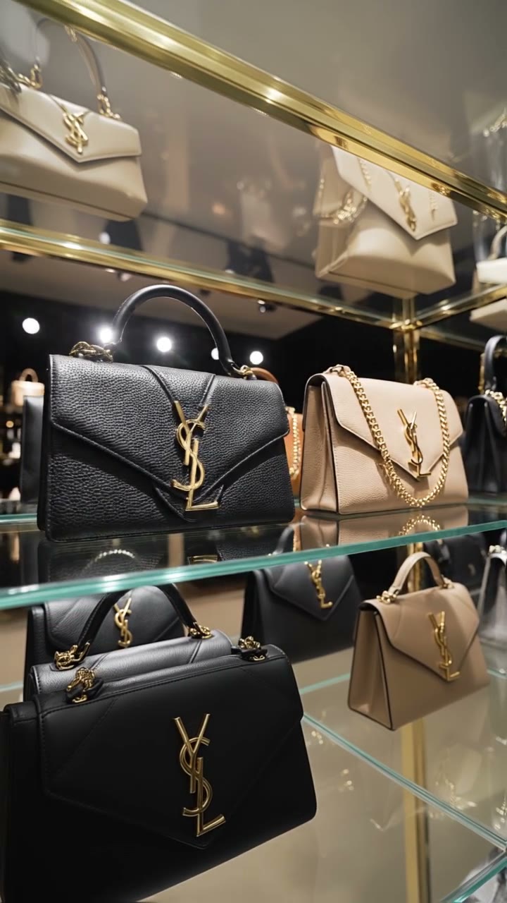 Saint Laurent designer handbags on a glass shelf