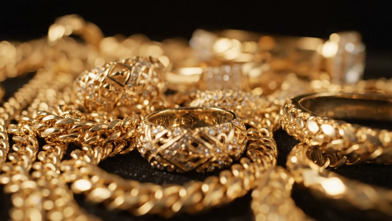 Stacks of gold chains, rings and diamond jewelry