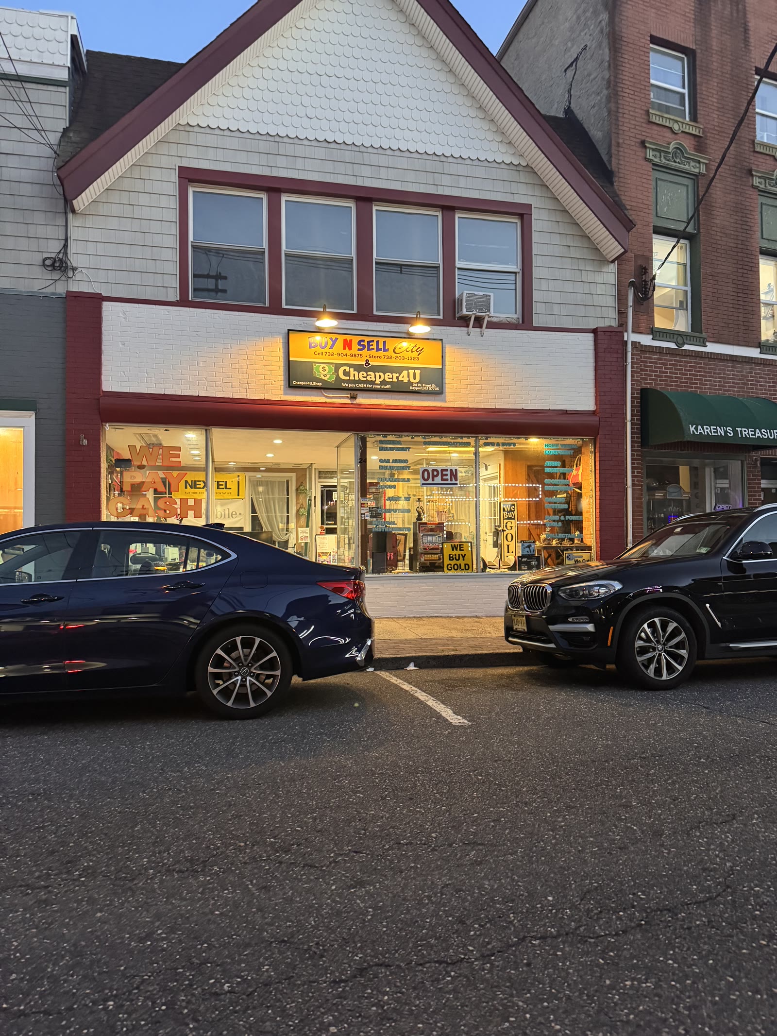 Cheaper4U storefront at 24 W Front St, Keyport NJ at dusk