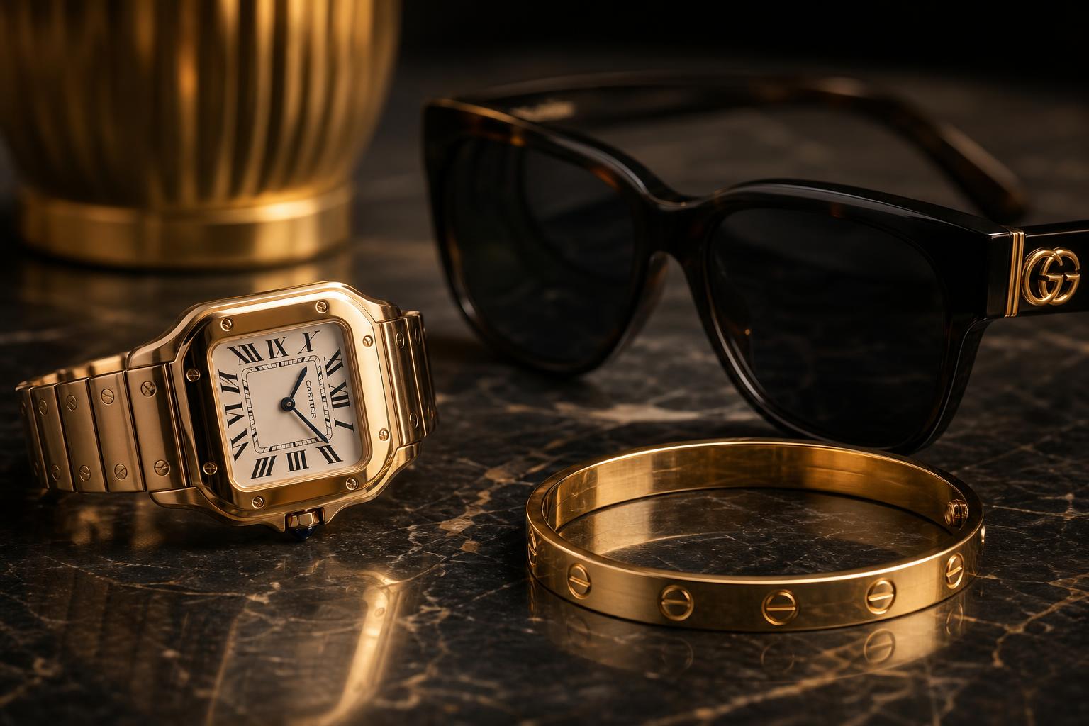 Cartier watch, Gucci sunglasses and gold bracelet on marble