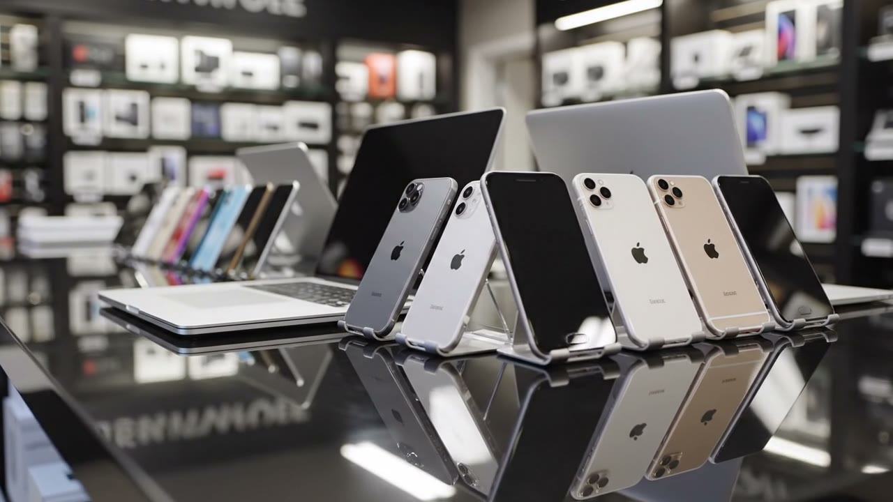 Row of iPhones in an electronics store
