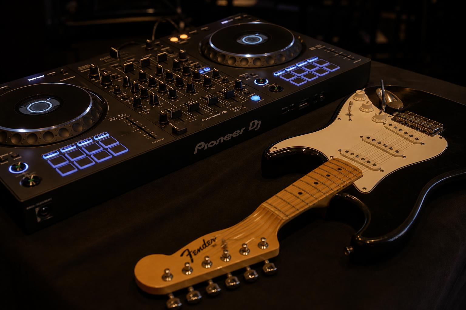 DJ controller and electric guitar under stage lighting