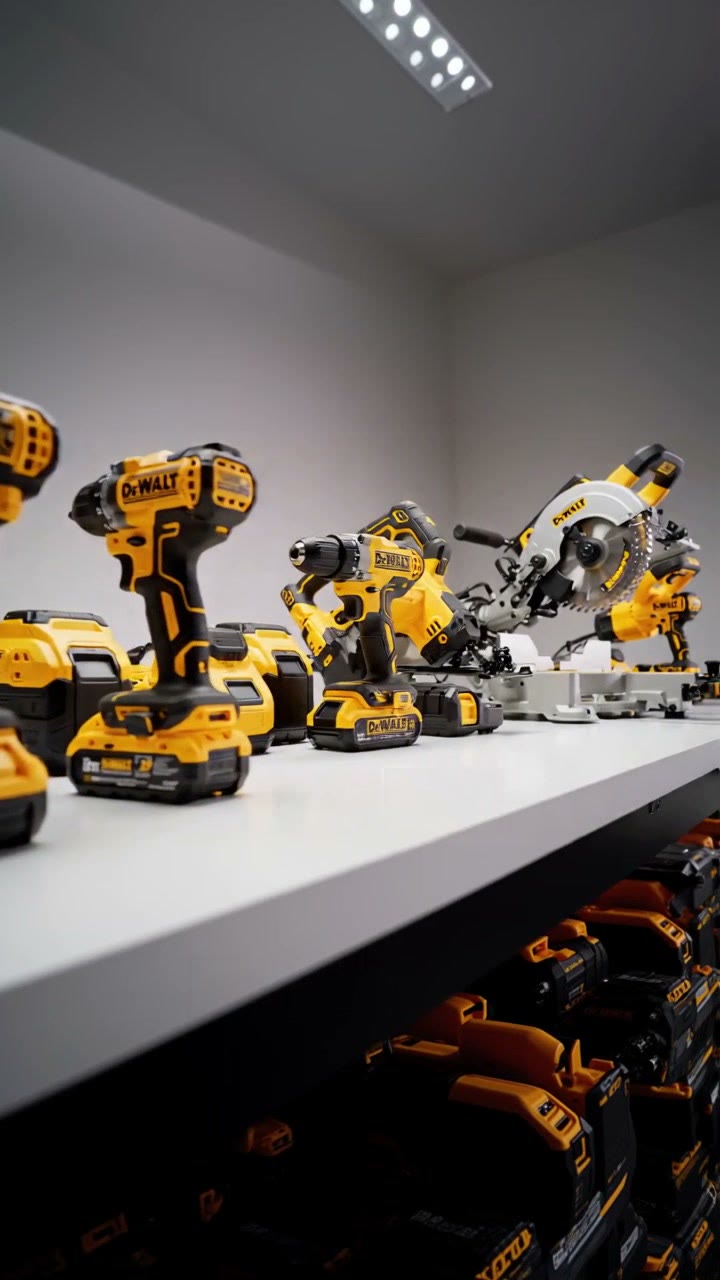 DeWalt power tools on a shelf