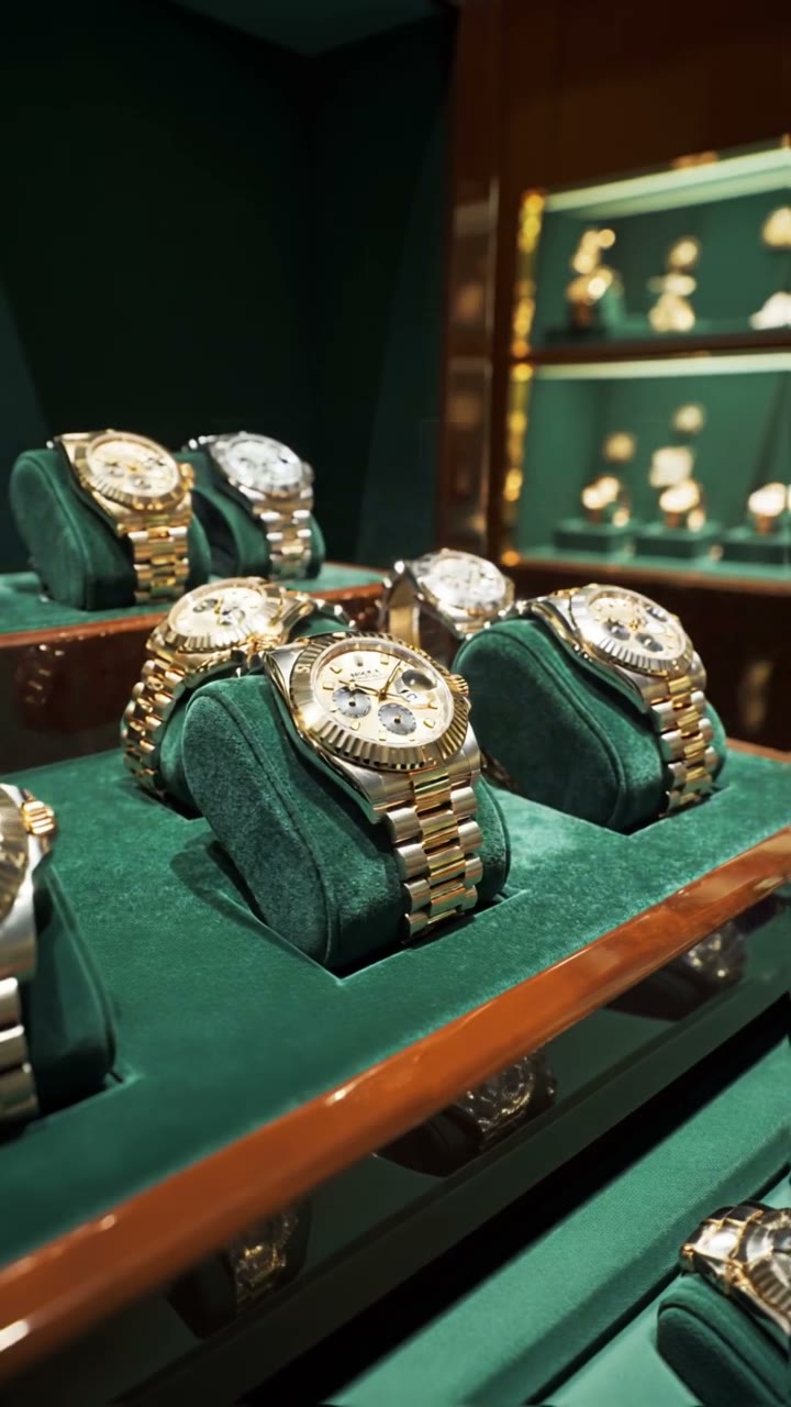 Rolex watches displayed on green velvet stands