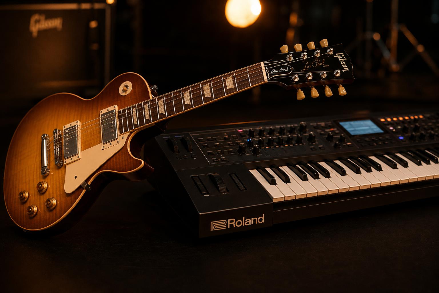 Gibson Les Paul guitar and Roland synthesizer
