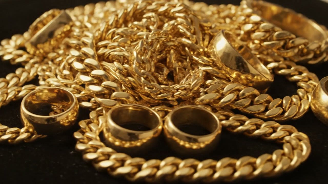 Stacks of gold chains and rings