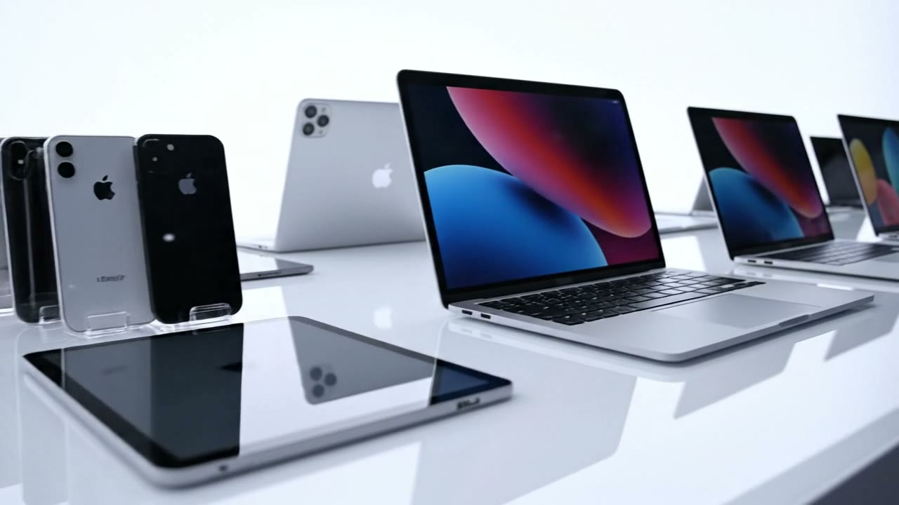 MacBooks and iPads on a glossy white surface
